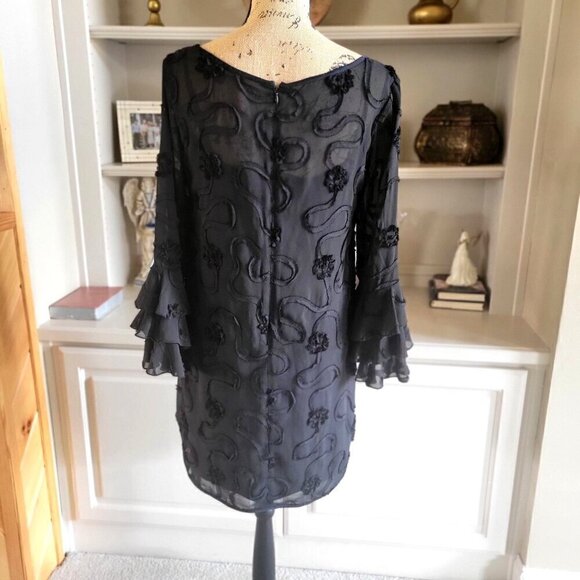 Madison Leigh Dress Black Sheer Top Swirls Ruffled Tiered Sleeves Midi- 8 - Picture 3 of 10